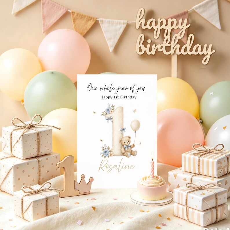 Editable Beige Teddy Bear 1st Birthday Card, Neutral Baby Greeting ...