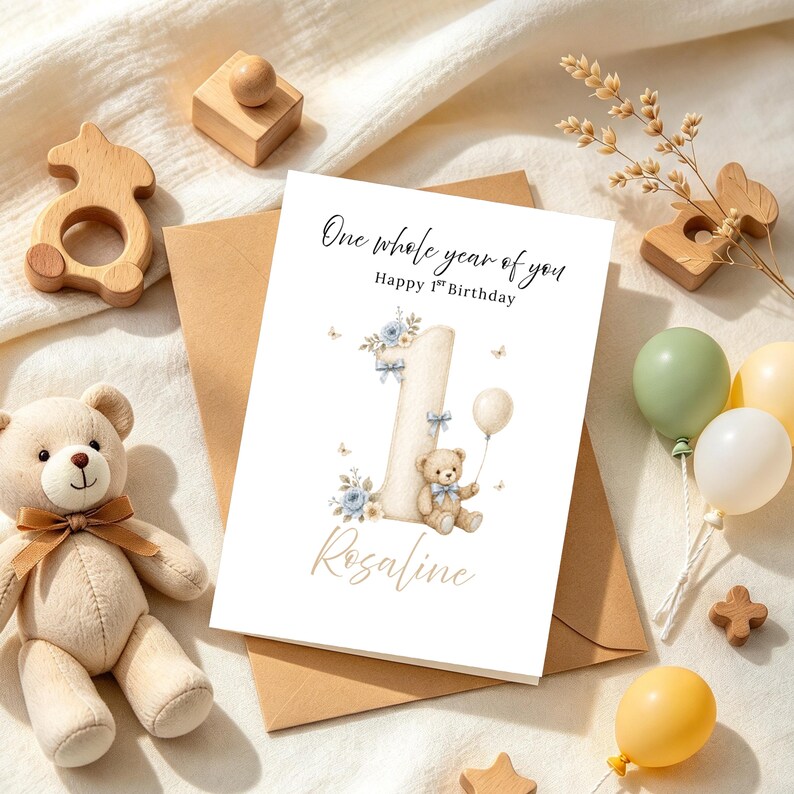 Editable Beige Teddy Bear 1st Birthday Card, Neutral Baby Greeting ...