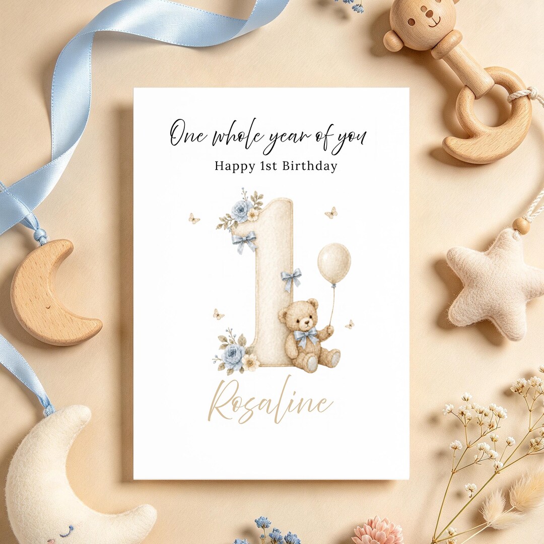 Editable Beige Teddy Bear 1st Birthday Card, Neutral Baby Greeting ...