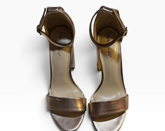 Francesca's Rose Gold Metallic Ankle Strap Block Heel Sandals Size 6.5