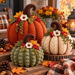 May include: Three crocheted pumpkins in orange, cream, and sage green. Each pumpkin features a dark brown curly stem, a white crocheted flower, red and orange berries, and various crocheted autumn leaves attached to the top of the pumpkin.