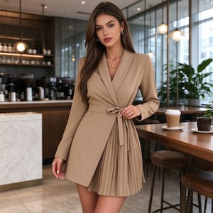 Peut inclure: Une robe blazer beige à manches longues, dotée d'un revers cranté et d'une fermeture portefeuille avec une ceinture à nouer assortie. La partie inférieure du vêtement présente une jupe plissée qui arrive au-dessus du genou.