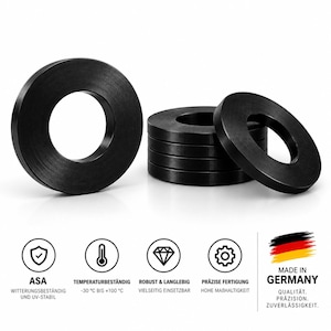 Puede incluir: Un conjunto de arandelas circulares negras con acabado liso. La imagen incluye iconos con texto: ASA, TEMPERATURBESTÄNDIG -30 °C BIS +100 °C, ROBUST & LANGLEBIG, PRÄZISE FERTIGUNG, y una bandera alemana con MADE IN GERMANY QUALITÄT. PRÄZISION. ZUVERLÄSSIGKEIT.