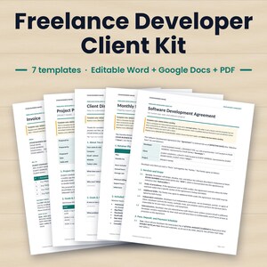 May include: A Freelance Developer Client Kit featuring seven templates in Word, Google Docs, and PDF formats. The documents include an invoice, project proposal, client discovery form, monthly retainer, and a software development agreement.