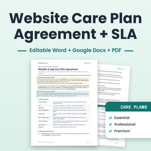 Könnte beinhalten: Eine digitale Dokumentvorlage mit dem Titel Website Care Plan Agreement + SLA, verfügbar in bearbeitbaren Word-, Google Docs- und PDF-Formaten. Das Dokument enthält Abschnitte für Planübersichten und wiederkehrende Dienste sowie eine Karte mit den Plänen Essential, Professional und Premium.