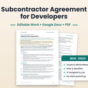 Puede incluir: Una plantilla de acuerdo de subcontratación para desarrolladores en formatos Word, Google Docs y PDF. El documento incluye secciones sobre órdenes de trabajo, relaciones y trabajo con clientes, con un recuadro verde que detalla las órdenes de trabajo.