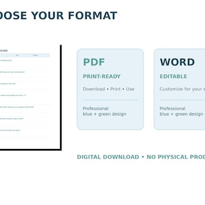 Puede incluir: Una guía de descarga digital titulada CHOOSE YOUR FORMAT que presenta una plantilla 1:1 MEETING GUIDE, una opción PDF lista para imprimir y una opción de documento WORD editable. El diseño utiliza texto azul y verde sobre fondo claro.