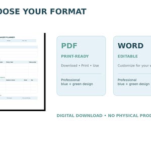 May include: A digital weekly manager planner template featuring a blue and green design. The image displays a preview of the planner layout alongside two format options: a print-ready PDF and an editable Word document. Text includes CHOOSE YOUR FORMAT, PDF, PRINT-READY, WORD, EDITABLE, and DIGITAL DOWNLOAD • NO PHYSICAL PRODUCT.