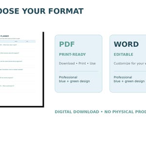 Puede incluir: Una plantilla de planificador de delegación digital con el texto CHOOSE YOUR FORMAT. Incluye una opción de PDF lista para imprimir y una opción de documento de Word editable, ambas con un diseño azul y verde. El texto indica DIGITAL DOWNLOAD NO PHYSICAL PRODUCT.
