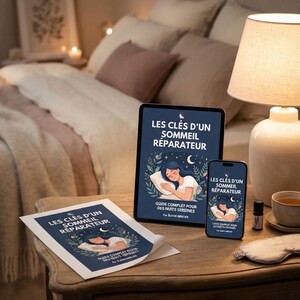May include: A digital tablet, a smartphone, and a printed document all displaying the title LES CLÉS D'UN SOMMEIL RÉPARATEUR with an illustration of a person sleeping under a crescent moon. A small bottle, a cup, and a sleep mask are also present.