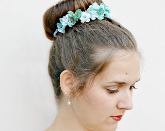 ARIEL - glittery Bun Belt, flower crown for your hair bun, floral crown, turquoise blue gold glitter, wedding hair accessories, whimsical