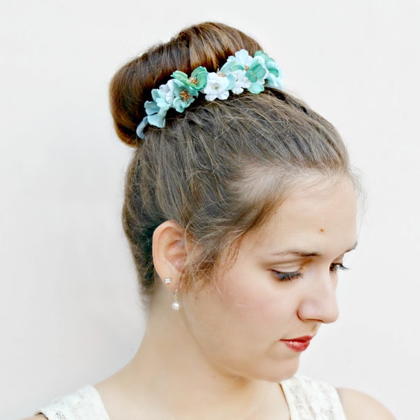 ARIEL - glittery Bun Belt, flower crown for your hair bun, floral crown, turquoise blue gold glitter, wedding hair accessories, whimsical