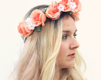 The Alani Crown | peach rose flower crown | floral crown | floral wreath | tropical flower crown | Frida Kahlo | Dia de los Muertos