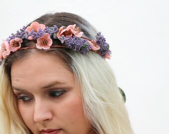 La corona de aurora - corona floral romántica de lavanda y flor de durazno, corona de flores, corona de boho, corona renacentista, hada, rústica