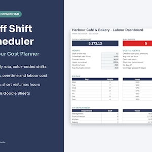 May include: A digital Staff Shift Scheduler and Labour Cost Planner template featuring a dark blue sidebar with white text and a white dashboard interface displaying Harbour Café & Bakery data, including total labour costs, rule alerts, and tables.