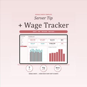 Server Tip and Wage Tracker Google Sheets, Waiter Bartender Tips Log with Tip Out, Hourly Rate and Best Shift Report