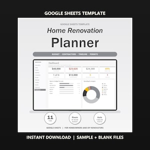 Puede incluir: Una plantilla de Google Sheets para planificador de renovación de viviendas con una interfaz de panel para el seguimiento de presupuesto, contratistas, cronogramas y permisos. Incluye datos financieros y 11 pestañas de gestión.