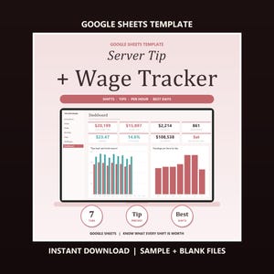 Puede incluir: Una plantilla de Google Sheets para el seguimiento de propinas y salarios de camareros. La interfaz muestra un panel con datos financieros, gráficos de barras y métricas etiquetadas como Shifts, Tips, Per Hour y Best Days.