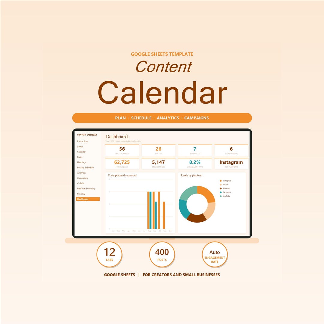 Click Tracking Analytics Content Calendar Google Sheets, Social Media Planner Template, Post ...