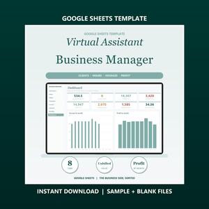 Virtual Assistant Business Manager Google Sheets, Client and Retainer Tracker, Hours by Task, Invoices and Profit Log for VAs