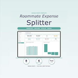 Puede incluir: Una plantilla de Google Sheets titulada Roommate Expense Splitter que muestra una interfaz de panel con datos financieros, gráficos de barras y resúmenes de saldos. El diseño incluye secciones para facturas compartidas y 8 pestañas.