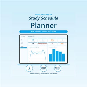 Planificateur d'horaires d'étude Google Sheets, plan d'étude hebdomadaire et journal de sessions avec compte à rebours des examens, objectif d'heures d'étude et suivi de la concentration