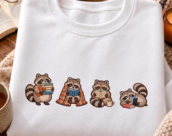 Kawaii Raccoon Quartet Sweatshirt | Hand-Drawn Woodland Animals, Cozy Cotton Blend