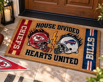 Personalized House Divided Football Doormat | Custom 2 Team Names & Colors | Rival Team Welcome Mat | Football Couple Gift | Game Day Decor