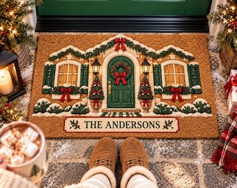 Personalized Gingerbread House Doormat | Christmas Doormat | Custom Family Name Mat | Holiday Welcome Mat | Christmas Housewarming Gift