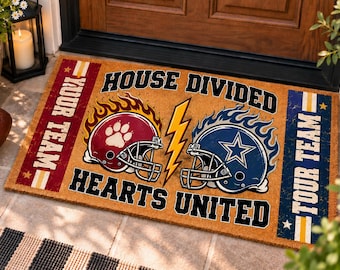Personalized House Divided Football Doormat | Custom 2 Team Names & Colors | Rival Team Welcome Mat | Football Couple Gift | Game Day Decor