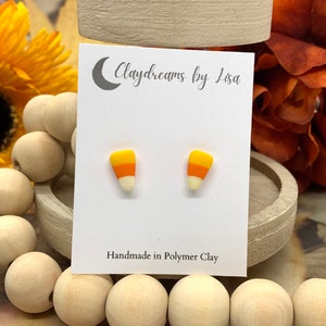 Small Candy Corn Stud Earrings, Halloween post clay Earrings, Autumn Earrings