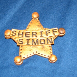Sheriff Badge, Personalized, Polymer Clay, Deputy, Ranger, Star Pin, Dress up, Gold Star, Western, Cowboy Theme, Your name, Any Department
