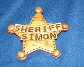 Sheriff Badge, Personalized, Polymer Clay, Deputy, Ranger, Star Pin, Dress up, Gold Star, Western, Cowboy Theme, Your name, Any Department