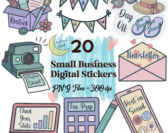 May include: A collection of 20 small business digital stickers in PNG format. The stickers include a camera, laptop, calculator, phone, and banners that say "Craft Show". Other stickers say "Restock", "Newsletter", and "Post on Social".