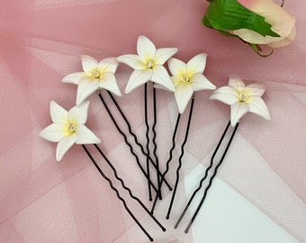 5 Wedding Prom  Shiny Burgundy And White Lily Flower Hair Pins  handmade 