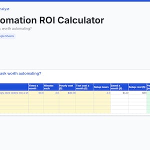 May include: A digital Automation ROI Calculator spreadsheet template for Excel and Google Sheets. The interface features a blue header with the text TechEd Analyst and Automation ROI Calculator, followed by a table with columns for task metrics.