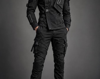 Schwarzes taktisches Techwear-Set für Herren – Cyberpunk-Militärjacke & Cargohose