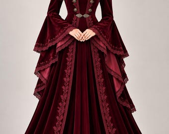 May include: A floor-length burgundy velvet gown featuring long, flared bell sleeves with lace trim. The bodice is adorned with decorative metallic buttons and a central clasp closure. Intricate floral lace embroidery runs along the front panels.
