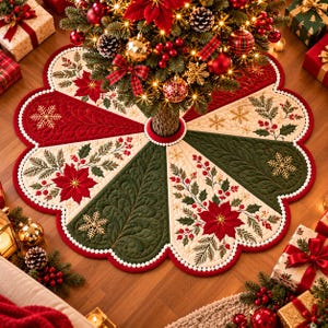 May include: A circular quilted Christmas tree skirt featuring alternating panels of red, cream, and dark green fabric. The design includes embroidered poinsettias, holly leaves, red berries, and gold snowflakes with a white pom-pom trim edge.