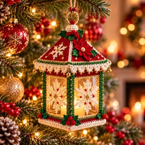 Könnte beinhalten: Ein gehäkeltes Laternenornament mit einem rot-grünen Dach, verziert mit einem Weihnachtsstern und weißen Schneeflocken. Die Laterne hat weiße Schneeflockenmotive an den Seiten, einen cremefarbenen Boden und eine goldene Aufhängung.