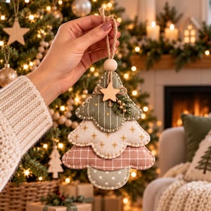 Könnte beinhalten: Ein geschichteter Weihnachtsbaumschmuck aus Stoff mit vier gewellten Ebenen in Salbeigrün, Creme und Altrosa mit goldenen Stern-, Streifen- und Punktmustern, verziert mit einem kleinen Holzstern, einer Holzperle und einer Juteschnur.