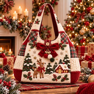 Könnte beinhalten: Eine gesteppte Tragetasche mit einer Weihnachtsszene, die ein Rentier, ein kleines Haus und Tannenbäume zeigt. Die Tasche ist mit einer roten Samtschleife, kleinen Bommeln und karierten Stoffakzenten in Rot, Grün und Creme verziert.