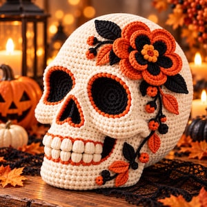 Könnte beinhalten: Ein cremefarbener, gehäkelter Totenkopf mit schwarzen Augenhöhlen und einer Nasenöffnung, die orange umrandet ist. Der Totenkopf ist mit einer großen orange-schwarzen Häkelblume, schwarzen Blättern und kleinen orange-schwarzen Beeren verziert.