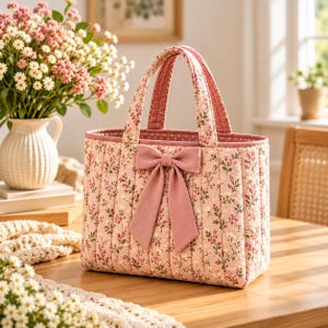 Quilted Tote Bag Sewing Pattern PDF, Floral Bow Handbag, Beginner Friendly DIY Purse Tutorial, Instant Digital Download