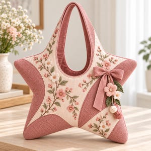 Könnte beinhalten: Eine sternförmige Stoffhandtasche in Altrosa und Creme mit detaillierten Blumenstickereien, grünen Blättern und rosa Blüten. Die Tasche ist mit einer dekorativen Stoffschleife und daran befestigten, baumelnden Pompon-Anhängern versehen.