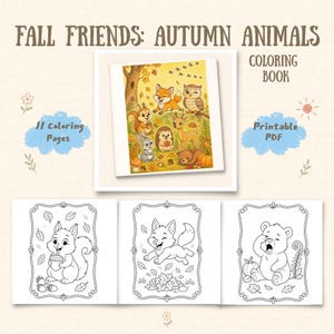 Dibujos para colorear de animales del bosque para niños, libro imprimible en PDF sobre el bosque otoñal, zorro, búho y ardilla.