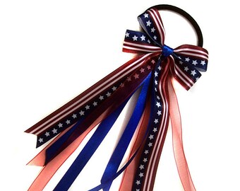 Ponytail Holders- Patriotic American Flag Hair Bow Ribbon Streamers Ponytail Holder
