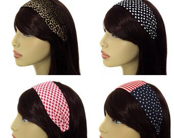 Pin Up Headband, Retro Headband, Rockabilly Headband, Wide Headband: Red Hearts, BlackHearts, American Flag Headband, Leopard Print