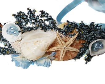 Casque de sirène- Pièce de cheveux de mariage Beachy- Couronne de sirène- Quelque chose de couronne de fleurs bleues- Étoile de mer, Cercle d’océan- Costume