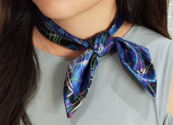 Skinny Short Scarf Blue Silk Scarf Lightweight Scarf for Women
